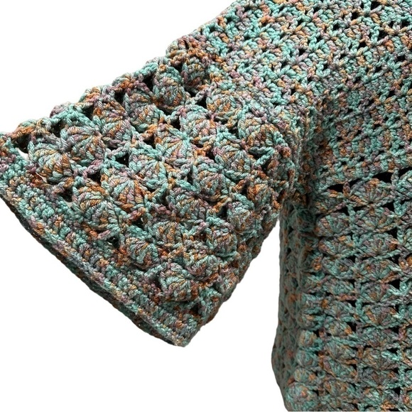 Crocheted Multicolor Boatneck Flare Sleeve Sweater - Picture 4 of 11